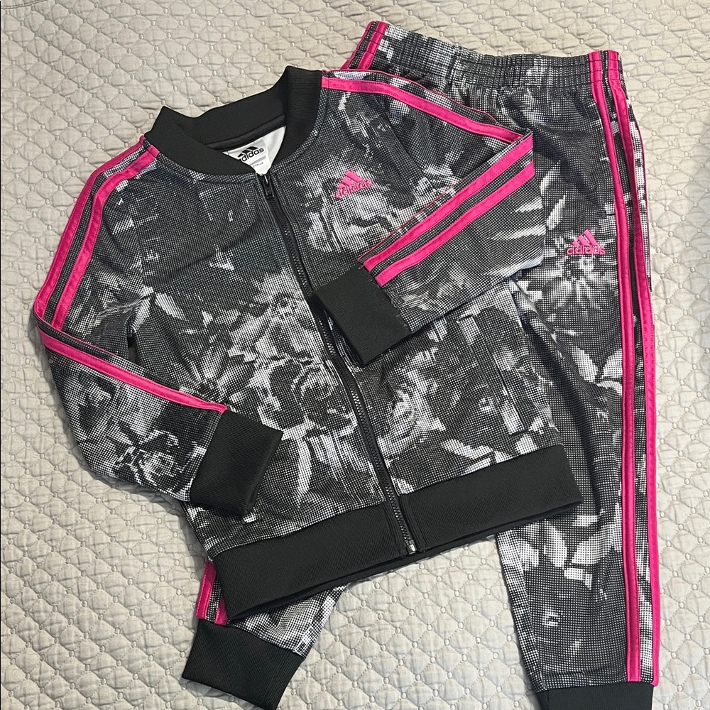 Adidas Kids Black Floral Tracksuit with Pink Accents